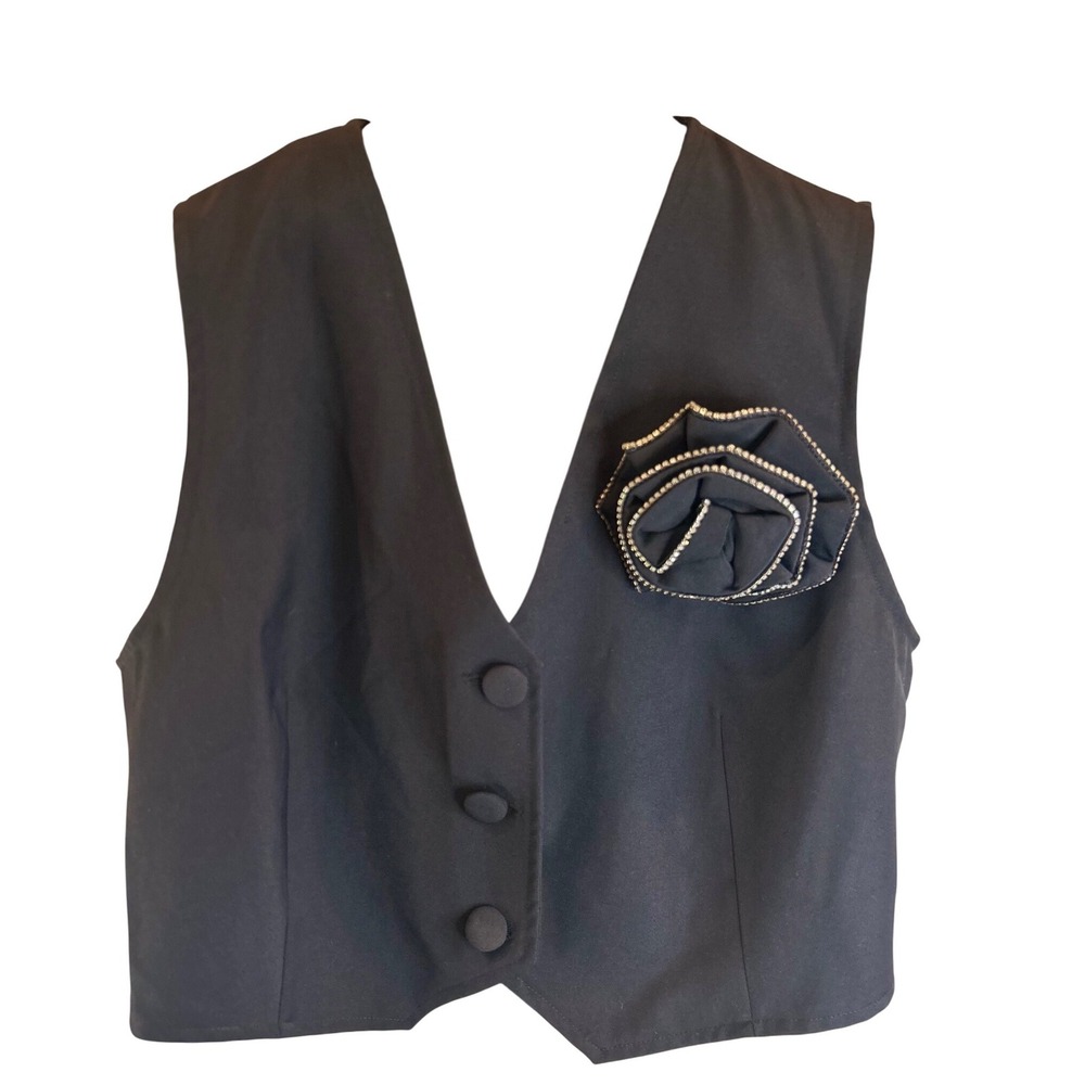 Emerson Lang Young Contemporary Black Vest Rose Embellishment Button Front‎ XL